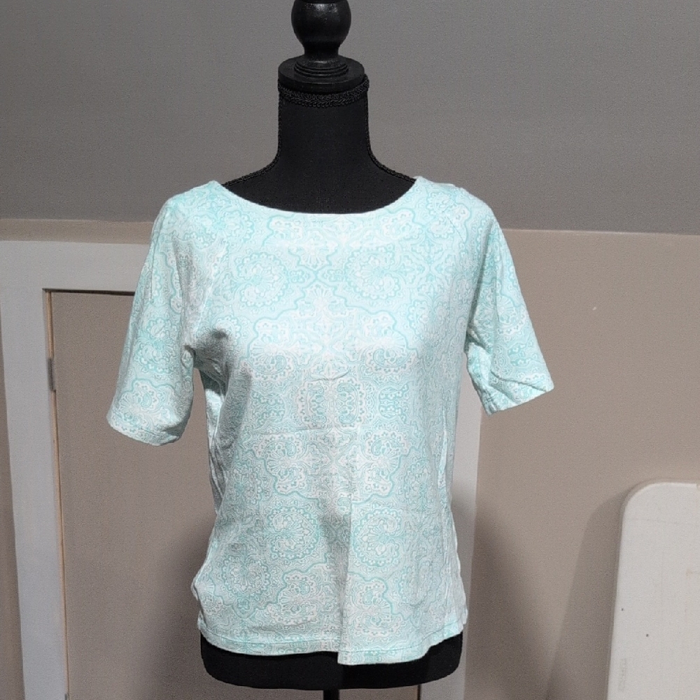 Jones New York Aqua Patterned Short Sleeve Tee